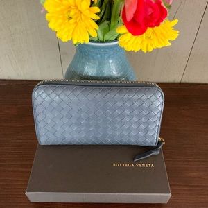 Bottega Veneta Intrecciato Leather Navy Blue Zip Long Wallet